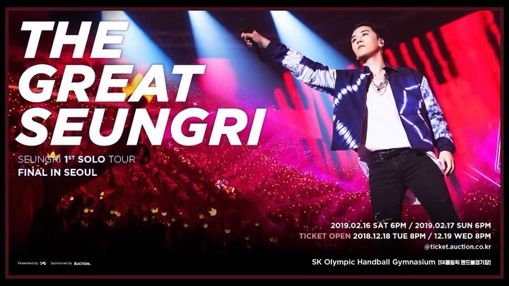 빌보드도 극찬 ?? 파워풀한 퍼포먼스와 창의적인 연출로 가득했던 [THE GREAT SEUNGRI] 콘서트! FINAL로 다시 돌아옵니다! SEUNGRI 1st SOLO TOUR [THE GREAT SEUNGRI] FINAL IN SEOUL ▶ 공연일시/장소 (Date & Venue)- 2019.02.16 (SAT) 6PM - 2019.02.17 (SUN) 6PM - SK올림픽 핸드볼경기장 (SK Olympic Handball Gymnasium) ▶ 티켓 오픈 안내 (Ticket Open Notice)- V.I.P 선예매 : 2018.12.14 (FRI) 8PM - 1회차 티켓오픈 : 2018.12.18 (TUE) 8PM - 2회차 티켓오픈 : 2018.12.19 (WED) 8PM - 예매처 : 옥션티켓 (ticket.auction.co.kr) ▶자세히 보기 (More Info) → bit.ly/seungri2019#승리 #SEUNGRI #빅뱅 #BIGBANG #THE_GREAT_SEUNGRI #thegreatseungritour #20190216_6PM #20190217_6PM #YG