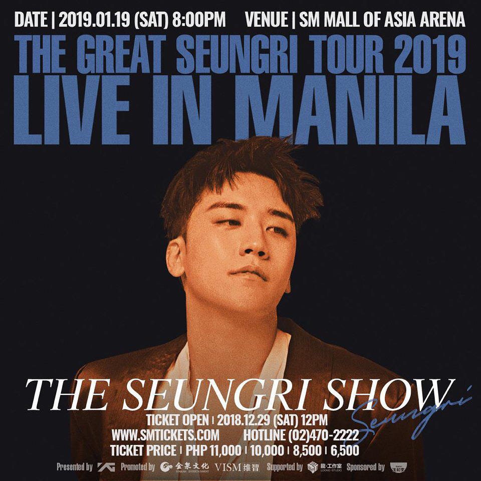 JANUARY 19th SAT 8PM THE SEUNGRI SHOW LIVE IN MANILA! ?? ▶ TICKET OPEN- 2018.12.29 (SAT) 12PM #승리 #SEUNGRI #빅뱅 #BIGBANG #THEGREATSEUNGRITOUR2019LIVEINMANILA #THESEUNGRISHOW #THE_SEUNGRI_SHOW #MANILA #JINQUAN #VISM #YG
