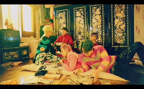 Members of South Korean boy band BIGBANG appear on the still photo of 