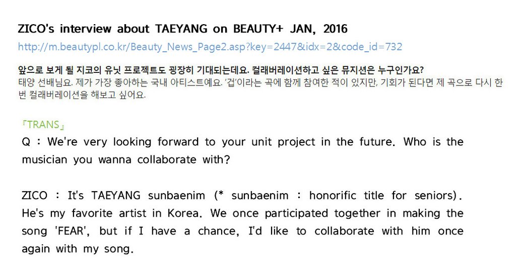 Zico On Taeyang 2016 January