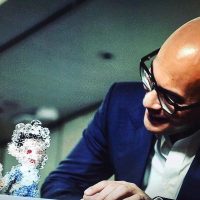 Sotheby's Asia Deputy Chairman Mr Nicolas Chow examining #KoheiNawa PixCell-T.O.P (DOOM DADA) Mixed Media, 2016 h 19.3cm x w 26cm x d 18.3cm special commission work for #TTTOP x  Curated by T.O.P
